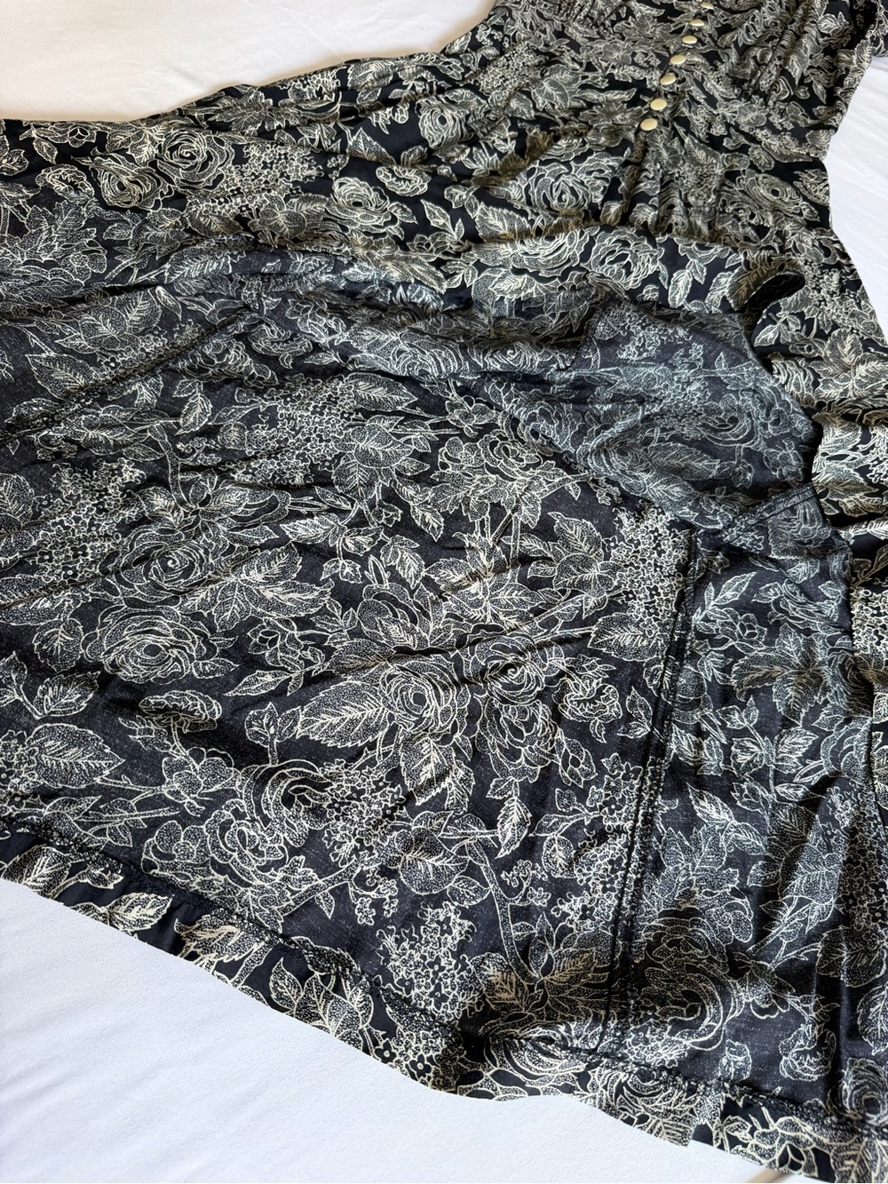 Vintage Jane Singer Black Cream Floral Cottagecore Button Front Midi Dress - Picture 11 of 14